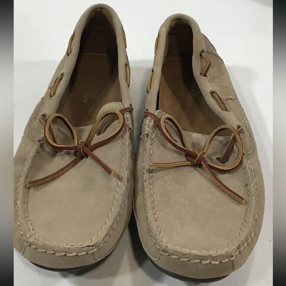Men’s Polo Ralph Lauren Tan Suede Driving Loafers with Tie Detail Size 10D